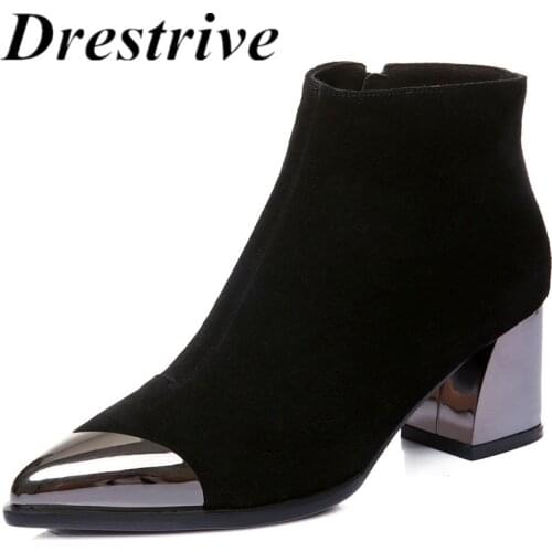 Drestrive Cow Suede Metal Pointed Toe Black Women Ankle Boots Zipper 2021 Classics Winter Shoes Thick High Heels