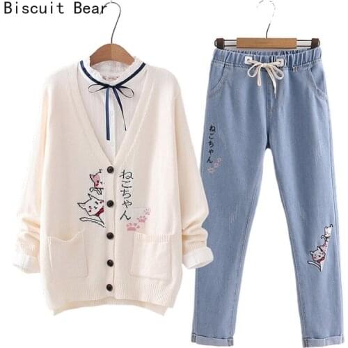Biscuit Bear Women Sets Cartoon Cat Embroidery Knitted Cardigan Elastic Waist Denim Pants Pocket Jeans Solid Blouse 3 Piece Set