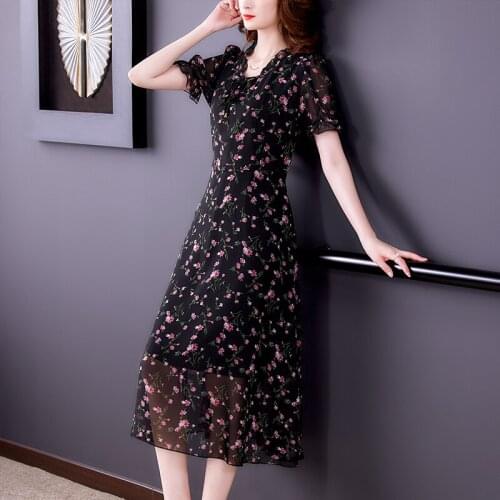 2021 Summer New Style Chiffon Floral Fashion Comfortable and Elegant Party Travel Round Neck Short Sleeve Dress Woman Dress