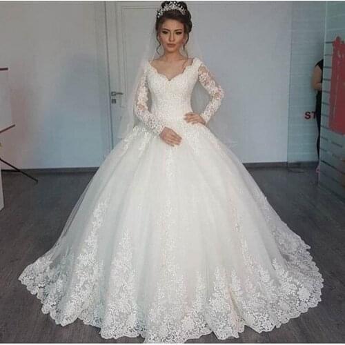 Vestido De Noiva Manga Longa Ball Gown Pearls Lace Wedding Dresses Sexy Sweetheart Wedding Gowns Bridal Wedding Dress