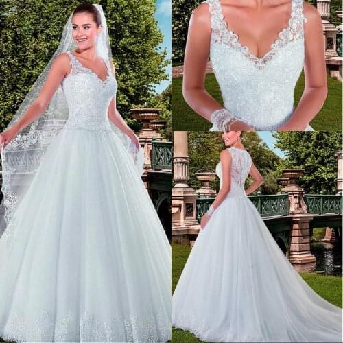 Marvelous Tulle V-neck Neckline A-line Wedding Dresses with Beaded Lace Appliques vestido de noiva Bridal Gowns
