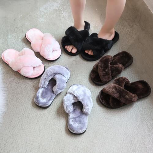 Winter Fashion Kids Home Slippers Faux Fur Warm Shoes Girls Slip on Flats Female Children Fur Flip Flops Indoor Non-slip Slippe