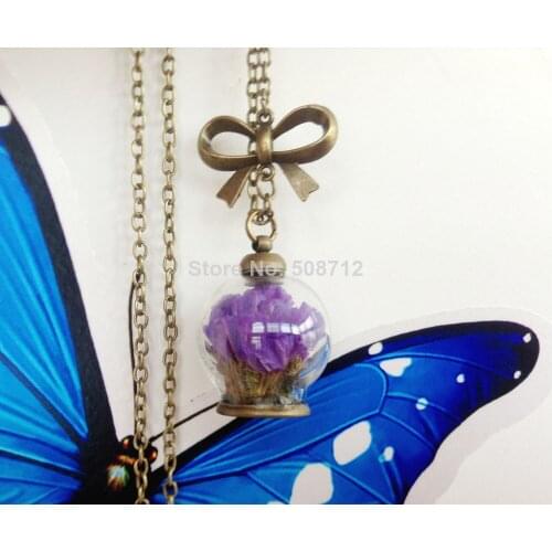 2014 New glass globe necklace,Wishing bottle,purple Flowers,Glass Bottle Pendant - Botanical Jewelry,daughter gift