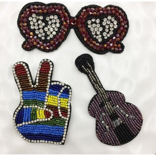 3D Handmade Cute Rhinestone Beaded Glasses Guitar Sew Patches on Clothes Crystal Decorative Jacket dressDIY Applique Accessories