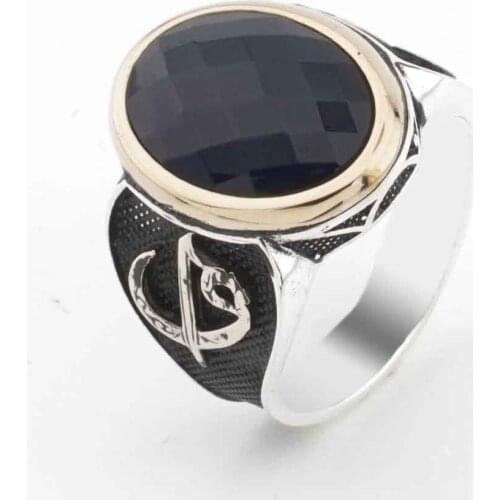 925 sterling Silver Blue Zircon Stone Aleph Vav Detailed Male Ring