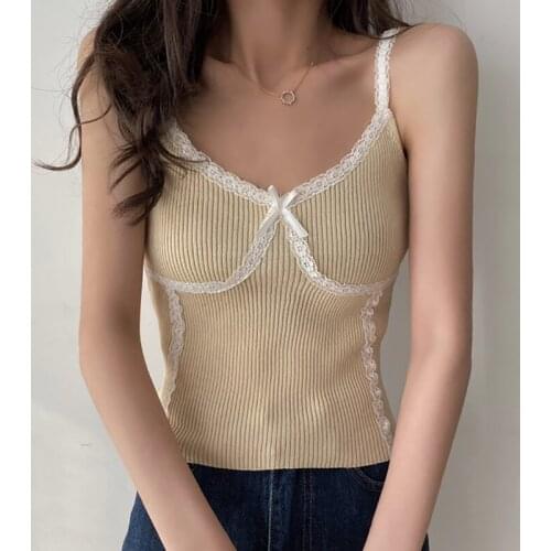 New Fashion Summer Women Knitted Crop Tops Lace Patchwork Slim V Neck Short Camis Tops Female Sleeveless External Wear Tank Top