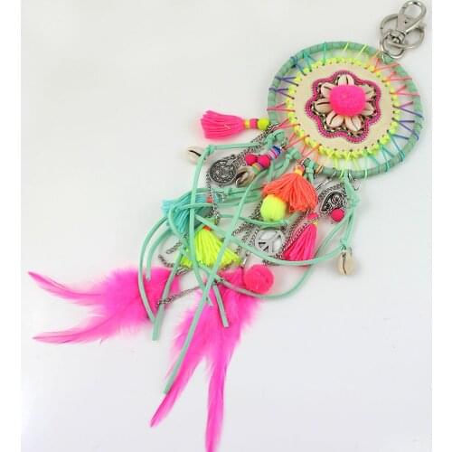 Bohemian style Handmade Key chain Colorful Tassel Shell Feather Alloy Silver Charm Key Chains Boho Accessories