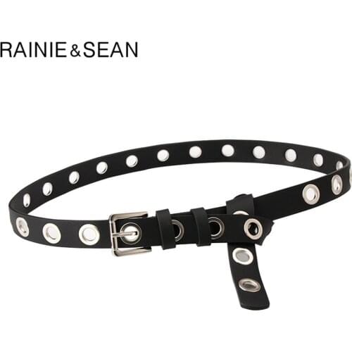 RAINIE SEAN Black Women Belt Punk Hole Ladies Waist Belts Women Pin Buckle Leather Belt for Trousers Ladies Pant Accessories