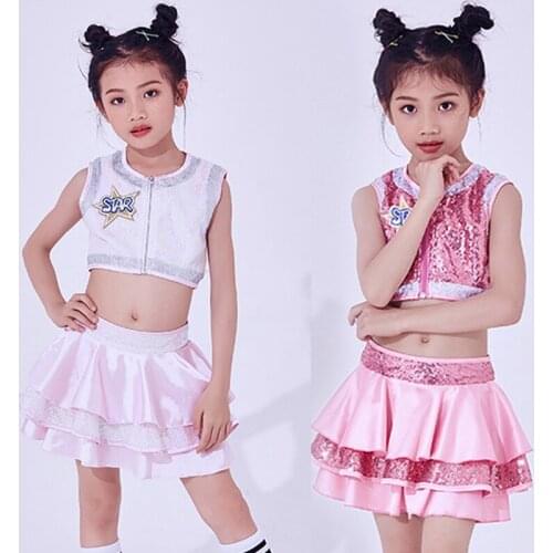 Kids Dresses For Girls Childrens Day School Cheerleading Dance Costume Jazz Dance 2pcs Suit Top Skirt Kids Stage Costume BL1755