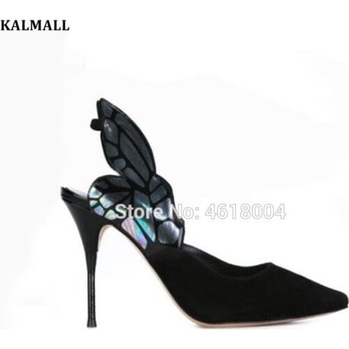 KALMALL Women Butterfly Wings Slingbacks Pumps Pointed Toe Slip on Thin High Heels Party Shoes ladies