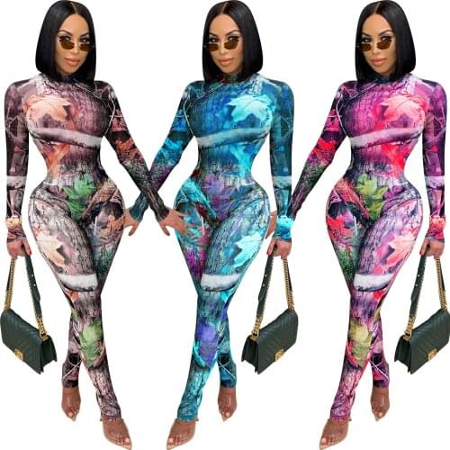 Printed Color Mesh Two Piece Romper Sets Long joggers Womens tight Bodycon Jumpsuit 2020 Full Sleeve