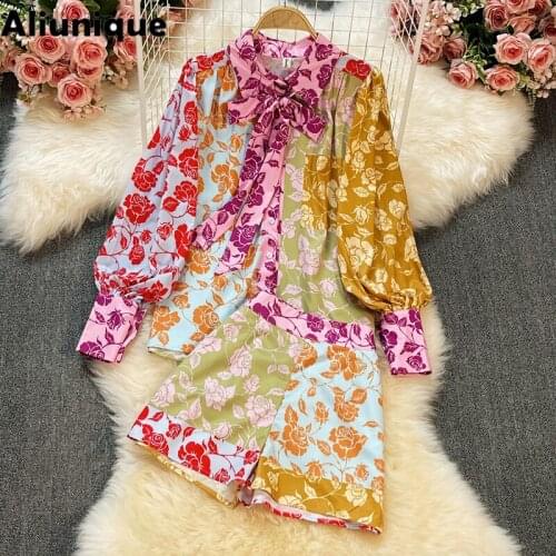 Aliunique New Two-piece Printed High-waist Wide-leg Pant For Women 2021 Summer Fashion Leisure Ruffle Lantern Sleeve 2-piece Set