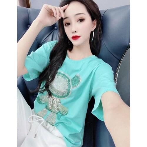 2021 Summer Clothes T Shirt Cartoon Diamond Bear Short-Sleeved T-shirt Women All-Match Cotton Top