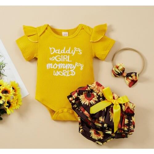 3Pcs Summer Baby Girls Clothes Sweet Knitted Set Ruffle Sleeve Round Collar Letter Bodysuits + Floral Lace Shorts + Bow Headwear