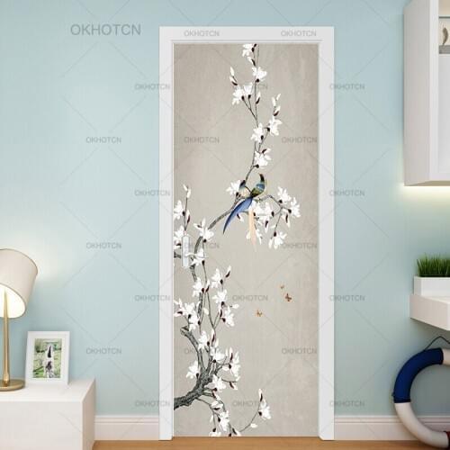Classical Style Birds And Flower Door Sticker Chinese Painting Mural Decal Self Adhesive Art Wallpaper For Bedroom Wall Stickers