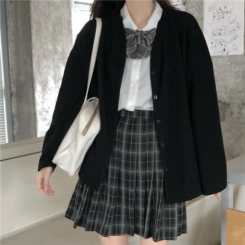 OLOMLB Japanese Preppy Style Long-Sleeve Womens Bow Tie Shirt +Soft Sweet Plaid Pleated Skirt+Summer All-Match Black Cardigan