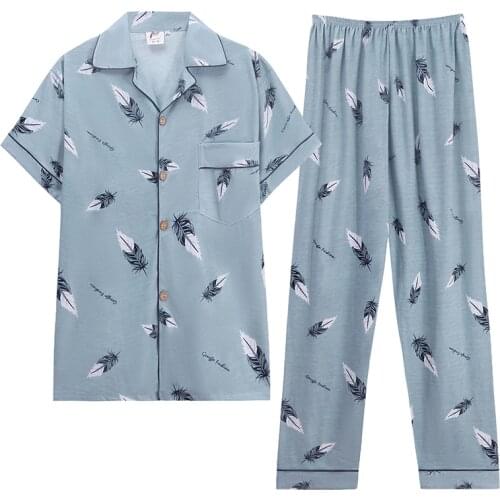 Cotton Mens Pajamas Set Summer Autumn Elastic Waist Men Sleepwear Short Sleeve Nightwear Print Long Pant Home Mens Pyjamas