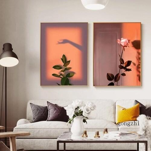 Light and Shadow Poster Sunset Rose Canvas Painting Nordic Flowers Plant Wall Art Pink Print Pictures for Living Room Home Decor