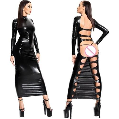 Sexy Women Black Faux Leather Bondage Dress Erotic Backless Hollow Out Clubwear Dresses Fetish Bodycon Long Dress