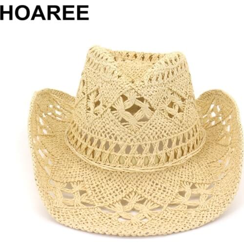 HOAREE Hand Knitting Western Cowboy Cowgirl Hat Straw Summer Hat Womens Sun Hat Hollow Out Beige Women Men Unisex Sunhat