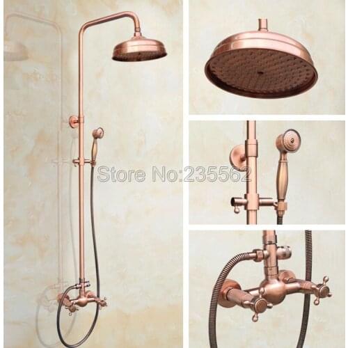 8" inch Rainfall Bathroom Shower Faucet Set Antique Red Copper Finish Wall Mounted Mixer Taps with Hand Spray lrg521