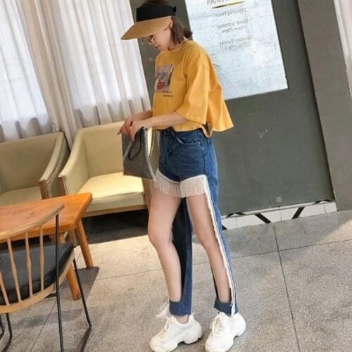 Streetwear Hollow Out Tassel Jeans Woman Summer Fashion High Waist Denim Pencil Pants Solid Blue Loose Cool Jeans Mujer 2020
