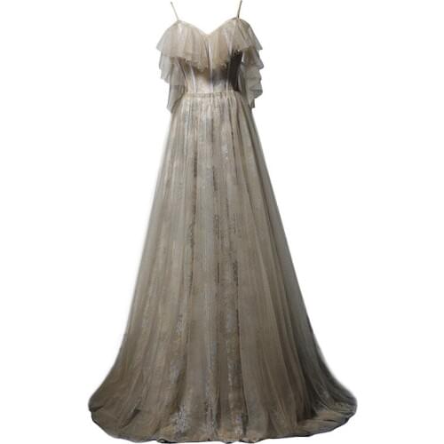 Evening Dresses Long Spring 2019 New Sexy Ruffles V-neck Party Dresses Backless a Line Spaghetti Strap Banquet Prom Dresses