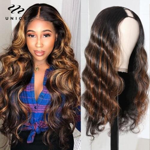 Unice hair Highlight U Part Human Hair Wigs 1x4" Body Wave Brazilian Remy Hair Ombre U Part Wigs For Women Middle Part 150 Denst