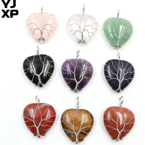 YJXP 1 Pcs Heart Shaped Pendant Wire Wrapped Handmade Tree of Life Natural Stone Lucky Charms Valentine Anniversary Jewelry Gift