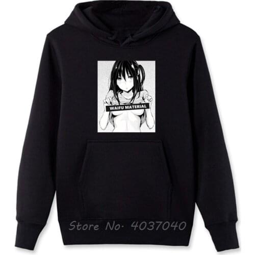 Waifu Material Funny Hentai Anime Black Hoodie Hip Hop Male Battery Funny Hoodies Spring Autumn Fleece Zipper Sweatshirt