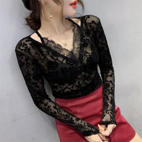 Women Sexy Eyelash Lace See Through T Shirt Black V Neck Long Sleeve Hollow Transparent Undershirt Base Top Femininas Clubwear