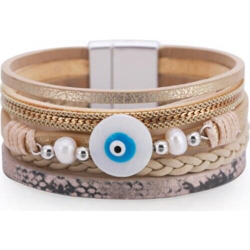 ORNAPEADIA Bohemian Holiday Style Multi-layer Woven Evil Eye Pearl Leather Bracelet for Women Fashion Retro Creative Jewelry