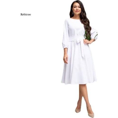 Women Dress Vintage Lantern Sleeve Sashes A-Line Dress O Neck Soild Elegant Dress Autumn New Fashion Dress
