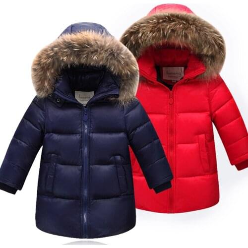 Winter new baby thickening boys and girls warm mid-length big childrens hooded fur collar down jacket