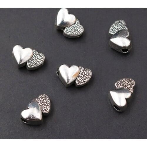 12pcs Antique Silver Plated 3mm Double - Hearts Connection Small Hole Beads Charm Metal DIY Handmade Jewelry Beads Pendant
