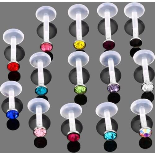 14pcs CZ Jeweled Flexible Bioplastic Acrylic Push-in Labret Monroe Lip Bar Stud Tragus Cartilalge Earing Piercing Jewelry 16g