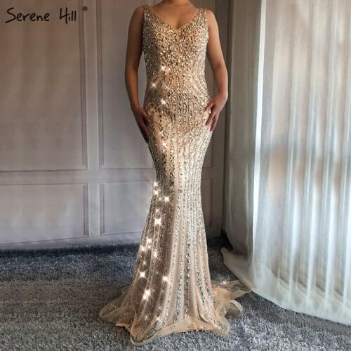 2020 V-Neck Luxury Slim Mermaid Evening Dresses Beading Sequined Gliter Sexy Fashion Evening Gowns Real Photo LA6464