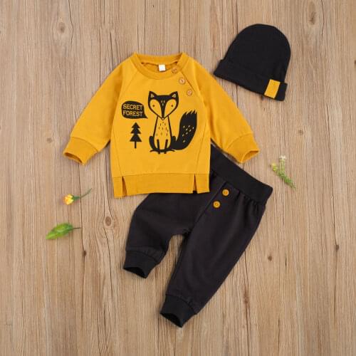 Free Shipping Autumn Round Collar Outfits Children Long Sleeves Long Pants Suit, Newborn Boys Fox Printed Clothes