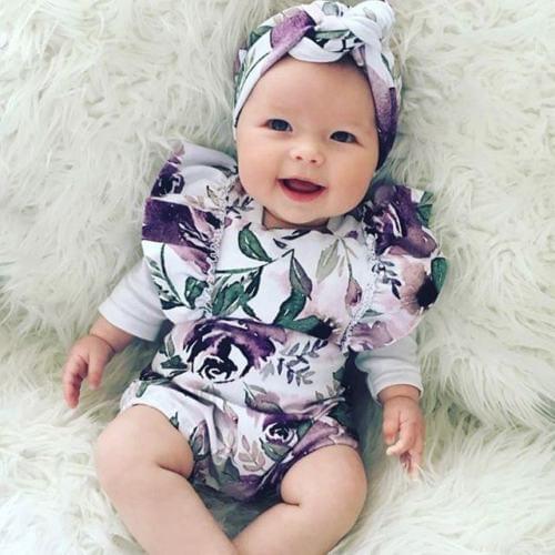 2019 Newborn Baby Girl Floral Bodysuits+Headband Outfits Cotton Printed Flowers Summer Baby Bodysuit Yellow Purple 0-24M
