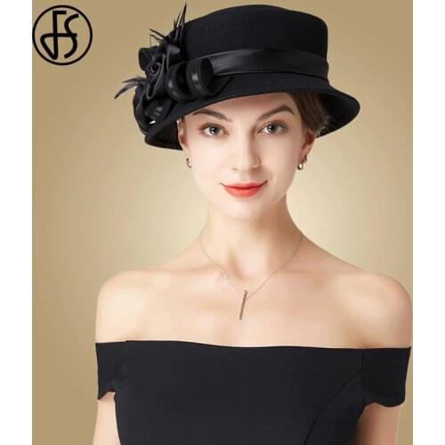 FS Vintage Black Wool Fedora Hat Women With Flowers Wide Brim Bowler Felt Cloche Winter Fedoras Ladies Church Wedding Derby Hats