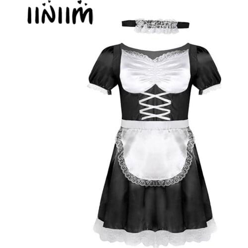 Iiniim Mens Sissy French Maid Uniform Fancy Dress Sexy Funny Costumes Clubwear Parties Satin Dress with Choker and Headband