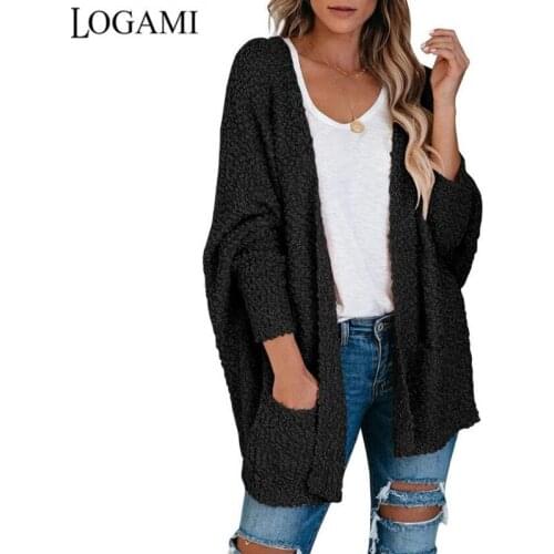 LOGAMI Loose Bat Sleeve Pocket Cardigan Women Autumn Winter Warm Sweater Woman Coat