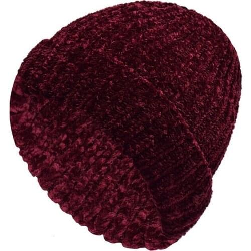 KENSHELLEY Top Quality woman warm beanie hat chenille yarn smooth feeling hat stripes pattern knitted beanie hat