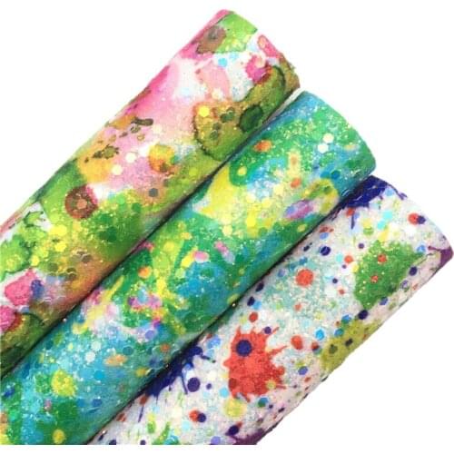 LEOsyntheticoDIY Rainbow Ink Splash Chunky Glitter Vinyl Fabric Sheet Felt Backing Synthetic Leather Faux Vinil DIY A4 R210A