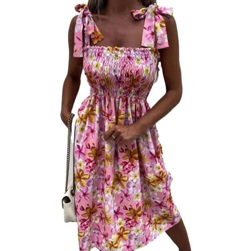Summer Beach Dress Adjustable Shoulder Straps Women Floral Dot Print Waist Tight A-line Sling Dress for Party Loose Hem Dress