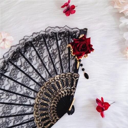 Lolita Goddess KC Sun Hand Fan Gothic Angel Wing Feather Rose Flower Bead Chain Black Lace Folding Fan Dance Wedding Decoration