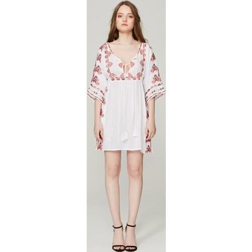 New Bohemian Vintage Folklore Embroidered Vestidos Loose Tassels Three Quarter Boho Cotton Maxi Hippie Dress Gypsy Women