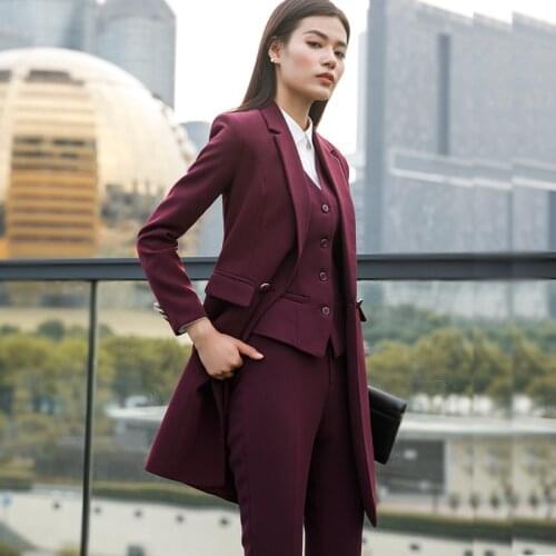 IZICFLY New Fall Winter Women Coat Set Elegant Slim Business Office Long Blazers Vest Pants Suit Work Wear Plus Size Windbreaker
