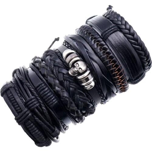 Punk Fashion Men Skull Multilayer Bracelet Set Vintage Braided Leather Skeleton Wide Charm Wristbands Bangle Rock Unisex Jewelry