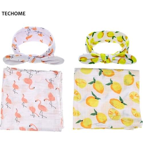 Flamingo Cactus Pattern Baby Swaddle Headband Set Cotton Baby Receiving Blanket Infant Newborn Bed Crawling Sheets Soft Wrap